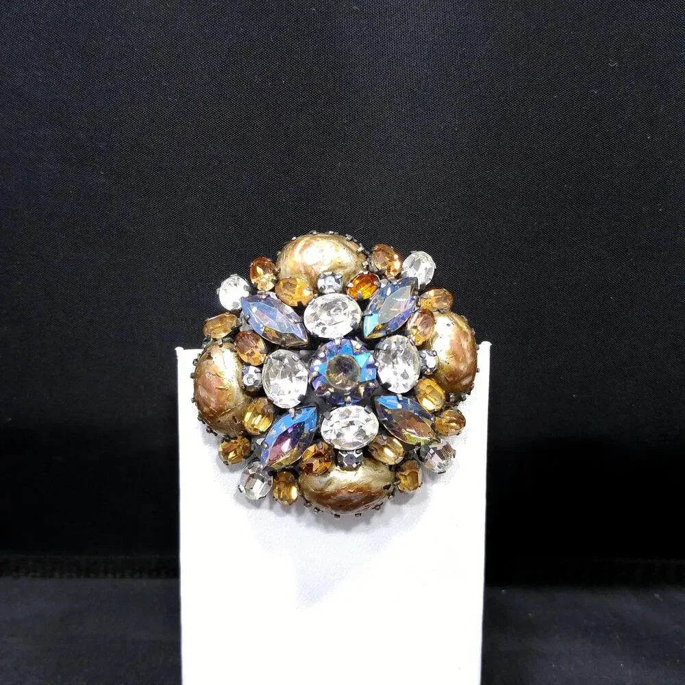 Austrian Brooch, Topaz Clear Rhinestones, Faux Baroque Pearls, 1950s Vintage